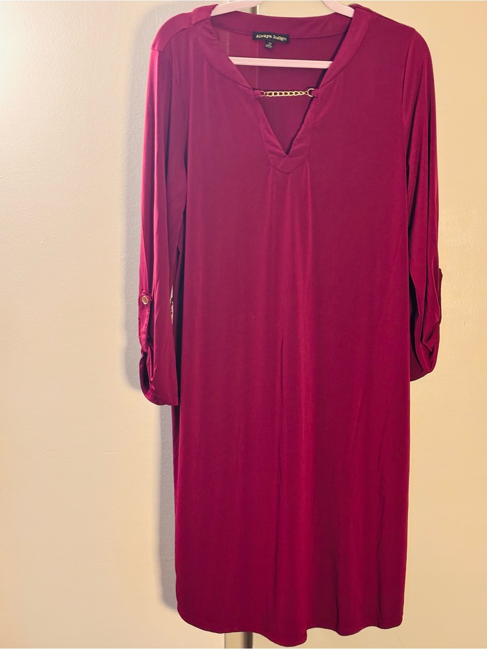Alfani Deep Magenta Long Sleeve Shift Dress with Gold Chain